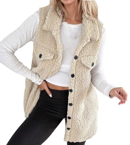 Générique Cardigan Femme sans Manches Tricoté Élégant Col Retourné Rangée Boutons Léger Long Largement Tricoté Manteau Tricot pour Automne Loisirs Casual Mode Gilet Outdoor Tailles S-XL (Beige, XL)