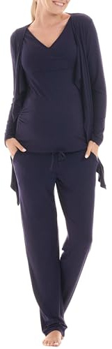 Herzmutter mammapyjamaset för kvinnor - ammande pyjamas i tre delar - graviditets wellness set - loungewear för graviditet och amning - kofta med byxor – 8100 (Mörkblå, XL)