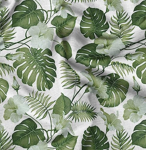 Soimoi Grun Baumwoll-Popeline Stoff Monstera Blatt & Blumen- Stoff Meterware 42 Zoll breit
