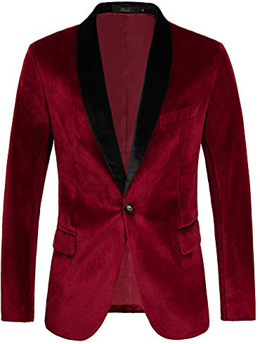 THWEI Mens Velvet Blazer Slim-Fit Solid Color One Button Blazer Sport Coat Jacket for Wedding Dinner Party Red S