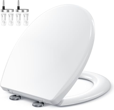 Toilet Seat, MUJIUSHI Soft Close Toilet Seats with Non-Slip Seat Bumpers & Metal Screw Bolts, Fit Standard Round Toilet, Quick Release No Slam White Toilet Lid with Cover, Easy to Install & Clean