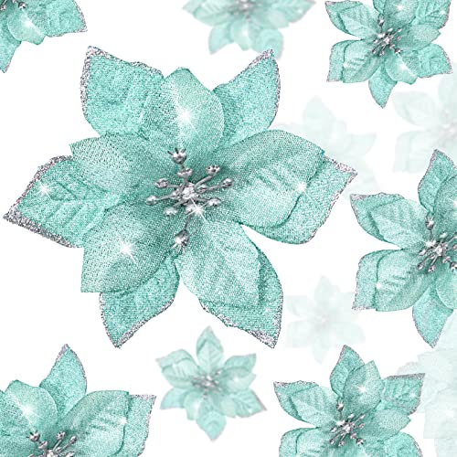 Willbond Glitzer Weihnachtsstern Weihnachtsblumen Hochzeit Künstliche Glitzer Blumen Weihnachtsbaum Neujahr Ornamente (Blau-Grün, 24 Stücke), 3.2/4/6 Inches
