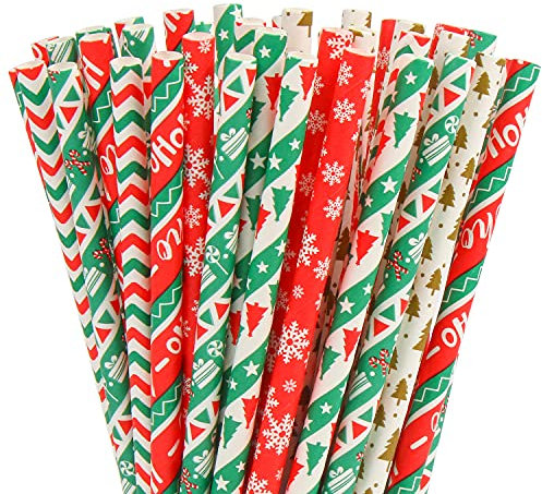 VEYLIN 150 PCS Christmas Paper Straws, Biodegradable Paper Straws for Birthday, Wedding, Baby Shower Party Supplies,