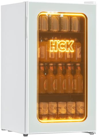 HCK Réfrigérateur pour Boissons de 98 L, Mini Réfrigérateur avec Éclairage Orange 3D et Porte en Verre, Réfrigérateur Compact de 105 Canettes avec Étagères Réglables pour Soda, Bière ou Vin(Blanc)