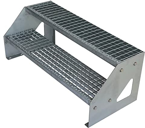 Premium Caillebotis acier Escalier à limon 2 Marches Autoportant Entièrement galvanisé - Dimensions (L x l x H) 44cm x 140cm x 38cm Résistant aux intempéries et protégé contre la corrosion