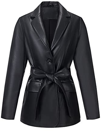 RISISSIDA Women Faux Leather Blazer Jacket Spring Fall Vegan Pleather Soft Casual Lapel Button Down Coat with Belt,Black,XL