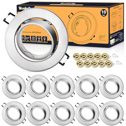 LED Einbaustrahler GU10 Set, (inkl. GU10 Fassung), LED Spots 230V, Lochdurchmesser 68mm, Einbaurahmen In Rund, Chrom-Gebürstet, 30° Schwenkbar, Einbauspots aus Metall, für Einbaubeleuchtung(10 Stück)
