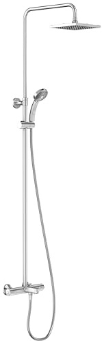 JACOB DELAFON Columna termostática de baño-ducha Cabezal cuadrado efecto lluvia Ducha de mano con 4 funciones Altura ajustable Latón Cromado JULY E78192-CP