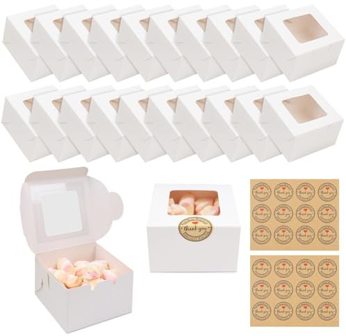 JOYSKY 20 Stück Weiße Cupcake-Boxen mit Fenstern und 24 Aufklebern - Minimalistische Papierzuckerdose, 10 x 10 x 6,5 cm, für Kuchen, Kekse und Geschenke