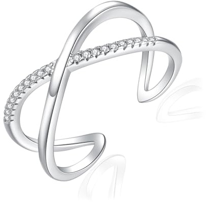 Josfeva Silverringar för kvinnor, 925 sterling silver dubbel ring Infinity omlottring med zirkon, justerbar minimalistisk fingerringar, trendig stapelbar tumring knuckle ringar med presentförpackning,