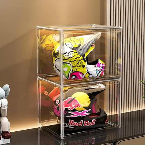 GUDEMAY XL transparente stapelbare Aufbewahrungsboxen mit Magnetverschluss - Staubdichte Aufbewahrung Vitrine Acryl Schaukasten für Helme, Figuren, Bücher, Kosmetik, Schuhe und Handtaschen (1er Set)