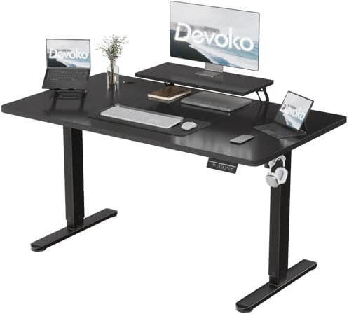 Devoko 160 x 70 cm Scrivania Regolabile in Altezza con Supporto per Monitor, Regolabile con 2 Altezze di Memoria, Per Camera da Letto, Studio, Ufficio, Nero