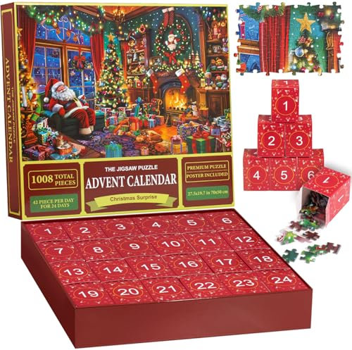 Adventskalender 2025 Puzzle für Kinder und Erwachsene - 24 Tage Weihnachtskalender Countdown mit 1008 Teile Jigsaw Puzzle, Weihnachts Geschenke für Jungen, Mädchen, Frauen und Männer