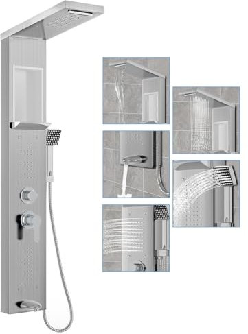 UISEBRT Pannello doccia in acciaio inox, 5 funzioni, set completo con doccia a pioggia, cascata, doccetta, 2 getti massaggianti, beccuccio per vasca (argento spazzolato)
