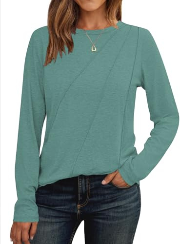 Cuptacc Camiseta Manga Larga Mujer Jersey Mujer Cuello Redondo 2025 Moda Blusa Monocolor Tops Plisados Camisa Elegante Azul-Verde M