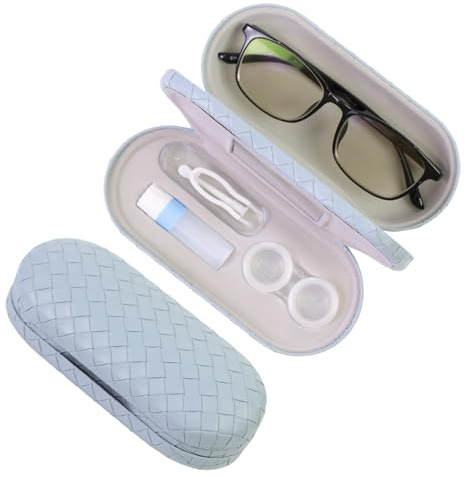 FlyingMage 2 in 1 Contact Lens Case and Eyeglasses Case for Women Men Kids, Double Sided Hard Shell Portable Glasses Travel Holder with Built-in Mirror, Contact Lens Box Storage Kit, Blue