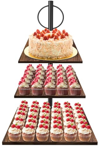 CASDUCT 3 Etagen Etagere Tortenständer/Cupcake Ständer aus Holz | Kuchenplatte Kuchenständer Halter Servierständer mit Metallgriff | für Geburtstag Nachmittagstee Party Hochzeit, 30CM*30CM Platz