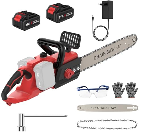 Motosierra eléctrica con batería de 16 pulgadas, 42 V (21 V*2), con 2 baterías de 4000 mAh, motor sin escobillas de 1800 W, lubricación automática de cadena, 40 cm de longitud de espada, para leña y