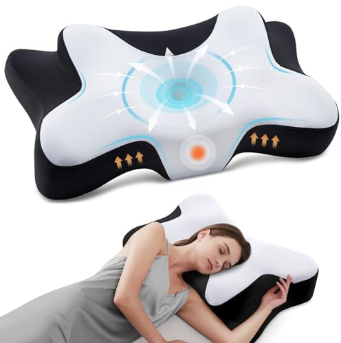 DONAMA Almohada Cervicales y Cuello, Almohada Ergonómica, Almohada Cervical para Daormir Boca Arriba, Boca Abajo y de Lado (Blanco Negro, 66x37x13 cm)
