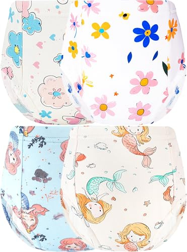 BliBliTaTa Girls Potty Training Underwear Toilet Potty Underpants Cotton Absorbent Leak-resistant Feel Wet 4 Pack For Toddler Baby 2t 3t Flower Mermaid