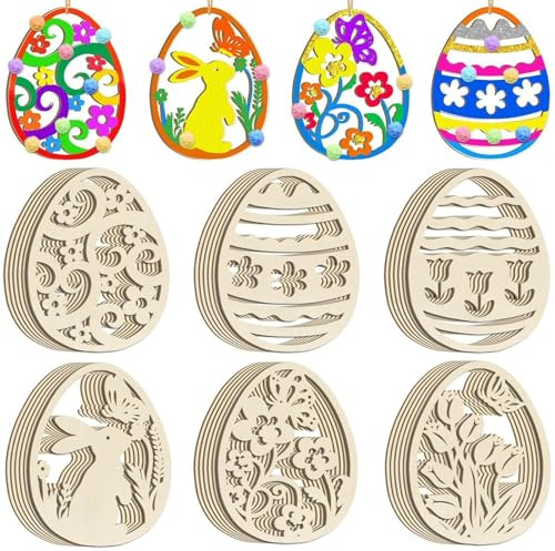 42 pcs Easter Decorations Wooden Eggs Wood DIY Ornaments, Blank Cutouts Tulips Rabbit Motifs for Painting Tree Home Party Mantels Garden Spring Hanging Decoration for Men and Women Friend DIY Gifts