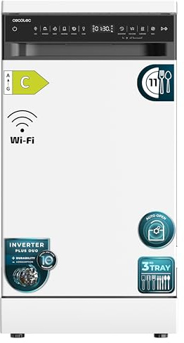 Cecotec Lavavajillas 45 cm Libre Instalación Bolero Aguazero 4560 Connected. 11 Cubiertos, 9 Programas, Motor Inverter Plus Duo, Panel Táctil, WIFI, O2Dry, Super Dry, Save+, AutoClean, Blanco