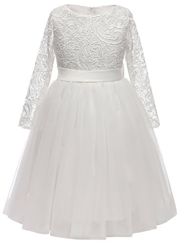 Flower Girl Dress Long Sleeves Lace Top Tulle Skirt Girls Lace Party Dresses (Size 8,White)