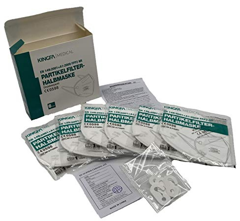 Kingfa FFP2 6er Box CE 0598, Apothekenversion Einzelverpackt Atemschutzmaske mit Ohrschlaufen, Box à 6 Masken einzeln verpackt, KINGFA NR EN149:2001+A1:2009