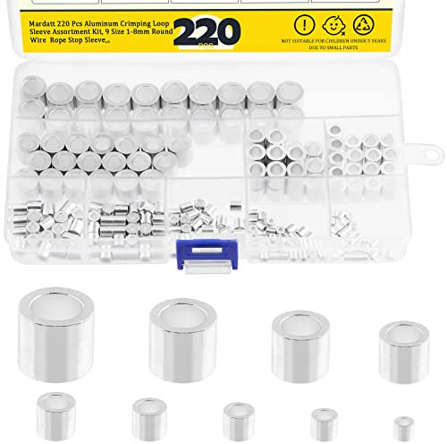 Mardatt Lot de 220 manchons à sertir en aluminium - 9 tailles de 1 à 8 mm - Embouts de câble pour suspendre et sécuriser les câbles