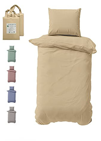 BLUE MOON Bettwäsche 155x220 cm Bio Baumwolle Mako-Satin Bettwäsche - Bettbezug - Hochwertige Bettwäsche - bettwäsche-Sets - - 1x Bettbezug 155x220 cm und 1x Kopfkissenbezug 80x80 cm (Beige)