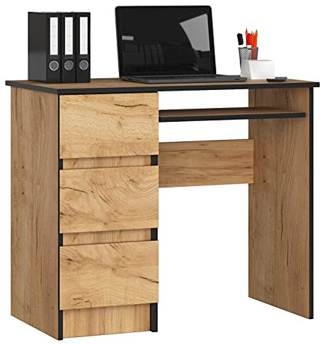 AKORD Bureau Ordinateur A-6 avec Tablette Clavier | L90 x H77 x P50 cm 30 kg | 3 Tiroirs | Petit Bureau de Chambre PC Desk Table Enfant | Chêne Artisanal