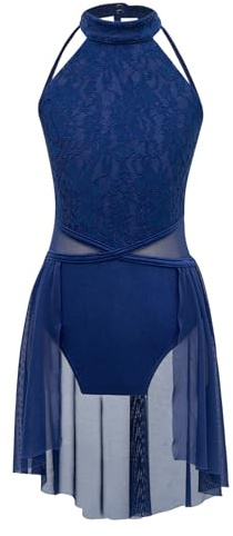 inlzdz Kids Girls Lace Floral Straps Back Ballet Lyrical Dance Dress Stage Performance Costume Leotard Tutu Skirt Dark Blue Lace 11-12 Years