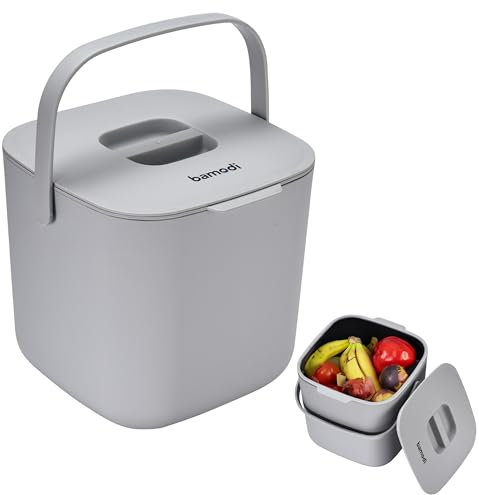 Bamodi Poubelle de cuisine en plastique à double compartiment, filtre à charbon actif, pour compost ou petits déchets dans la cuisine/salle de bain – 7 L – Gris