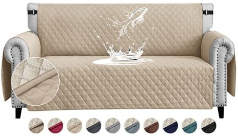 FIGOOO wasserdichte Sofabezug 2 Sitzer Dicke Sofaschoner Wasserdicht Gesteppte Sofa Überzug mit Seitentaschen Sofaüberwurf rutschfest Kratzfest für Haustiere Hunde Katzen,Beige