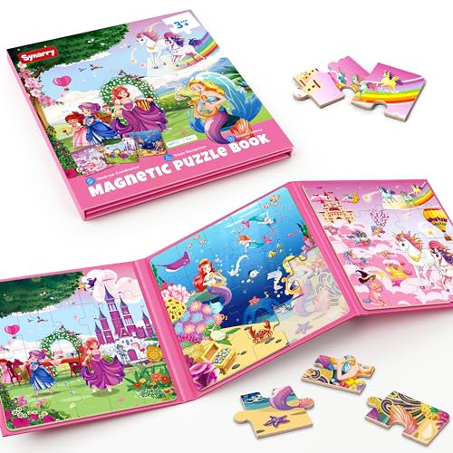 SYNARRY Kinderpuzzle Einhorn Meerjungfrau Prinzessin Magnet Puzzle ab 3 4 5 Jahre, 20 Teile Magnetische Puzzle Für Reisen Kinder, Reisespiele Kinder Lernspielzeug für Kinde