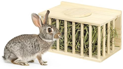 Navaris Meerschweinchen Haus - Heuraufe für Meerschweinchen und Hasen - Zubehör für Kleintiere - Natürliches Kiefernholz - Mit Schiebedach