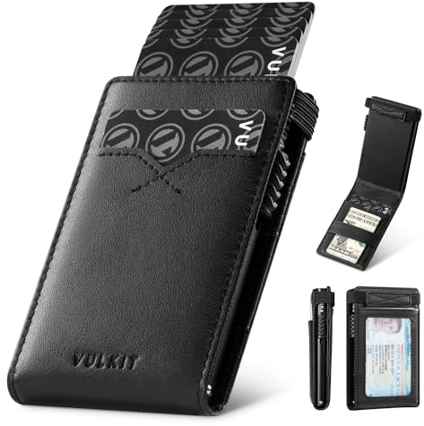 VULKIT Porta Carte di Credito Sottile Porta Carte pop-up con Blocco RFID Portafoglio Sottile Minimalista con Finestra ID Posteriore Può Contenere 8 Carte