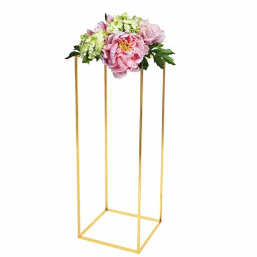 Jarrón rectangular dorado con placa central de boda, soporte para flores, taburete rectangular, estante de exhibición de flores rectangular, columna decorativa de metal para decoración de bodas