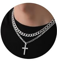 Rajputana Silber Kreuz Halskette für Männer Edelstahl Kette Herren Mens Silver Cross Chain Necklace Silberkette Herren Geschichtete Kubanische Figaro Kette Halskette Christliche Schmuck Geschenke