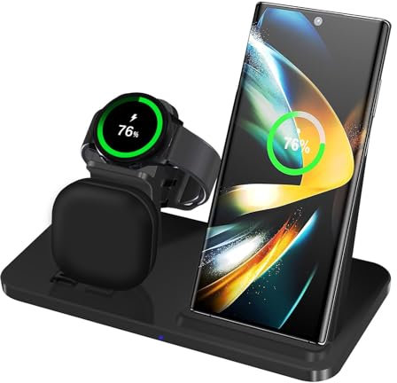 3 in 1 Wireless Charger, 15W Fast Wireless Charging Station Stand for Samsung Galaxy S25/S24/S23/S22/S21/S20/S10/S9 Series,Note 20/10, Galaxy Buds Pro/Live, Galaxy Watch7/6/5 Pro/5/4/3/Active 2,Black