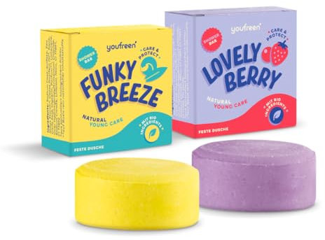 youfreen Festes Duschgel (2 x 75 g) für Kinder, Teens & Erwachsene, vegane Duschpflege mit Bio Kokosöl, feste Dusche Naturkosmetik für Pflege und Feuchtigkeit (Mix)