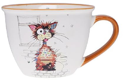 KIUB - Cuenco timbal con asa, diseño de gato grande y marrón estilizado llamado Ziggy, material porcelana fina, capacidad 550 ml