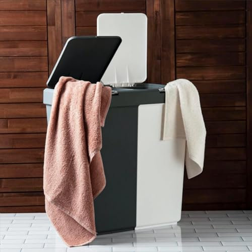 3FlexHome 80L Double Laundry Basket with Lid, 2 Compartments to Sort Washing Multipurpose Plastic Laundry Hamper with Push Button Lid Washing Basket Laundry Hamper Laundry Bin (Anthracite-White)