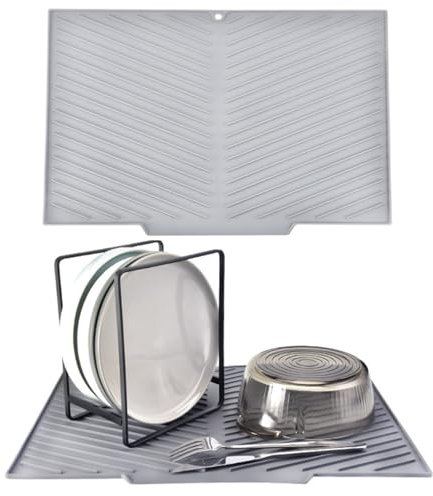 Echehi Silicone Tappetino Scolapiatti con Uscita di Scarico, 41,5x 31,5cm Tappeto Scolapiatti a Forma di V con Design Antiscivolo, Senza BPA e Facile da Pulire. Grigio