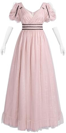 Fiamll Regency Jane Austen Robe de soirée pour femme Robe en tulle avec gants Robe de bal victorienne Robe de cocktail longue pour femme, Rose, L