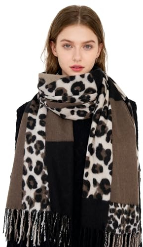 ZCJ Sciarpa Donna Inverno, Scialle Elegante Donna con Motivo Leopardato, Pashmina Donna con Frange e Effetto Cachemire Morbido, Marrone