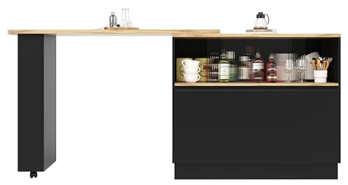 Azkoeesy Bartisch Esstisch 360° drehbare mit Stauraum, 90 x 45 x 100-165 cm, mit Rollen, Seitenregal, Schiebetüren aus Glas, Stehtisch/Bistrotisch/Hochtisch/Kücheninsel, schwarz