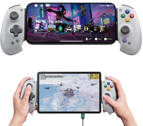 abxylute S9 Full-Size Gaming Phone Controller for iPhone 15/16, iPad Mini 6/7 and Android Phone Tablet, Bluetooth and Type-C Mobile Gamepad with App, for Roblox, Hall Joystick &Trigger (grey)