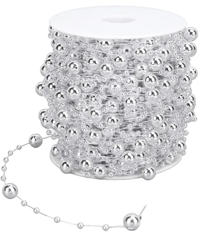 Cryfokt Pearl Bead Chain Elegant Konstgjord Pärlsträng för Bröllopsdekorationer, Fester och Heminredning, 30 M Rulle, 8 Mm och 3 Mm Storlekar (Silver)