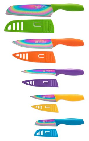 Hampton Forge Tomodachi Kitchen Essentials with Blade Guards – Rainbow Titanium 10-Piece Knife Set